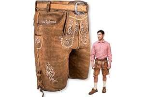 HOFGLANZ Herren Lederhose kurz Antik inkl. Gürtel, traditionelle Trachtenhose in grau und braun, Größen 46-58