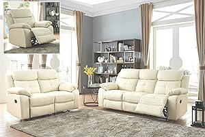 SC Furniture Ltd Cream Ivory High Grade Leather Manual Reclining 3 Seater Sofa + 2 Seater Leather Manual Recliner Sofa + Armchair Suite CHICAGO (3+2+1)