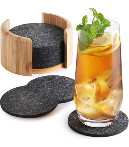 Miqio® Design vilten glazen onderzetters, rond, set van 12 met houders, duurzame Oekotex onderzetters voor dranken, kaarsen, kopjes, bar, glazen, tafeldecoratie, zwart