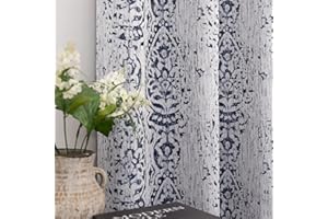 MRS.NATURALL Vorhänge für Wohnzimmer, 213 cm lang, 2-teiliges Set, Ösen, Damast-Medaillon-Druck, strukturiert, grau/cremefarben, weiß, Jacquard, 50 % Verdunkelung, Verdunkelung, Fenstervorhang für Schlafzimmer