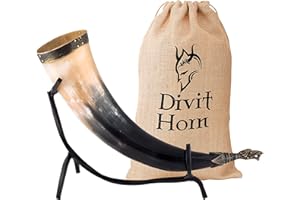 DIVIT HORN Corne à boire Viking avec support en fer véritable Divit | Ornements en laiton et sac-cadeau en toile de jute inclus | Corne de 13 ’’ et capacité de 16 oz (400 ml) | L'original. (Crocodile, Polished)