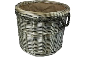 THE PESCARA COLLECTION Round Grey & Antiqued Wicker log baskets. Hessian lined. Wood & kindling storage for home hearths and fireplace. Large wood burner bin (Rope Handle, 48cm)
