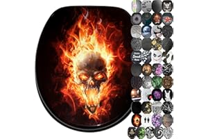 Sanilo WC Sitz mit Absenkautomatik, viele schöne schwarze Toilettendeckel zur Auswahl, hochwertige und stabile Qualität aus Holz (Totenkopf in Flammen)