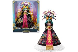 Monster High Dia De Muertos 2025 Skelita Calaveras Lalka kolekcjonerska w stylizacji inspirowanej wzorami azteckimi + kolorowe akcesoria, w tym ozdoba na głowę i naszyjnik, JDR63