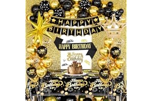 CBODECO Black and Gold Birthday Decorations Set for Men Adults - Happy Birthday Banner,Confetti Balloons,Fringe Curtain,Exploding Star Foil Balloon,Tablecloth & Crown for Party Decorations