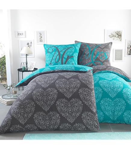 SkyBrands Bärchen Partnerbeddengoed, paar, beddengoed, 4-delig, 135 x 200 cm 80 x 80 cm, kussensloop partnerbeddengoed, set voor koppels, liefde, partner, beddengoed, 4-delig, microvezel