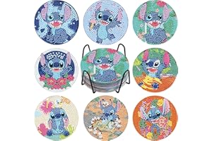 NAIMOER 8Pcs Stitch Diamond Painting Coasters for Drinks, DIY Life Coaster Diamond Art Coaster Kits for Adults Kids Beginners, Coaster Diamond Painting Craft Supplies (Stitch Style)