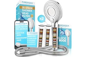 PURE AQUA FEEL FRESH, LIVE PURE PUREAQUA 25 Stage Shower Head Filter | X2 Filters | High Pressure Shower Heads | Shower Filter Hard Water UK Brand | 3 Spray Settings | Showerhead Filters | Water Softener Shower Head | Skin & Hair