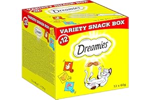 DREAMIES Katzensnacks - 12x60g - mit Huhn, Käse und Lachs - Traumhaft knusprige Katzen Leckerlies mit zarter Füllung - Variety Snack Box