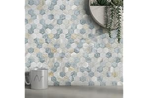 M MOFIT MOFIT Lot de 10 feuilles de stickers muraux hexagonaux 3D, effet marbre et mosaïque métallique, résistants à la chaleur (bleu vert gris, 10 feuilles)