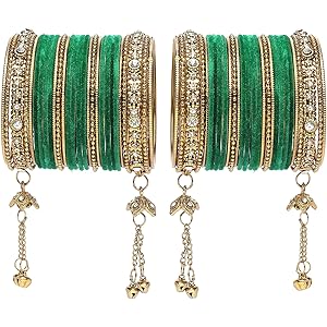 ZENEME Gold-Plated Matte Finish Velvet American Diamond Studded Gold Pearl Tasselled Bangles Set Of 56 For Girls and Women