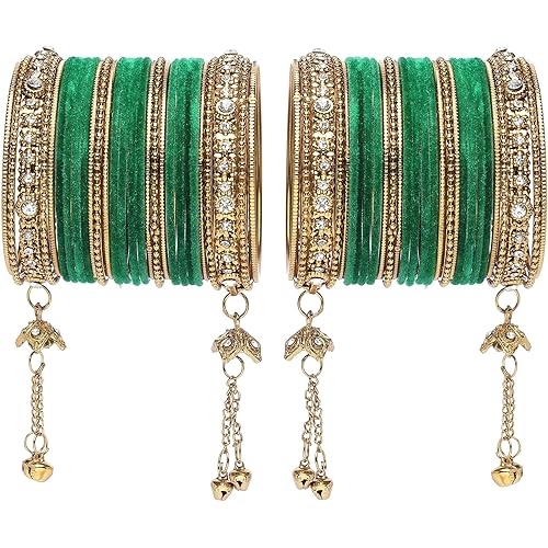 ZENEME Gold-Plated Matte Finish Velvet American Diamond Studded Gold Pearl Tasselled Bangles Set Of 56 For Girls and Women