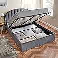 Home Treats Grey Double Ottoman Bed Curved | Winged Headboard Ottoman Storage Bed | Velvet Upholstered Bed Frame 4FT6 135 x 190 cm (Double, No Mattress)