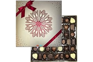 WIKIMARK Caja de Bombones de Chocolate Belga. Surtido de Chocolate Negro, Chocolate Con Leche y Blanco. Caja de Bombón de 570 Gr. Fabricados en Bélgica. Bombones para Enamorados ​en Caja Dorada con Lazo Rojo