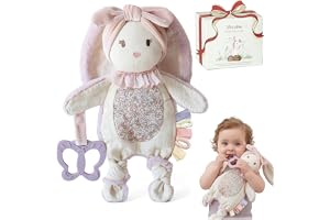 Moonkie Peluche Bebis, Doudou av Kanin, Säkerhetsleksaker med Silikonbitare, Säkerhetsfilt Mjuk, Leksaker med Texturerade Band, Krympta Öron, Perfekt Skänk till Nyfödd Flicka