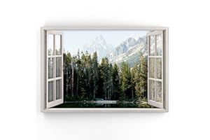 Estika - Leinwand Bilder Fensterblick - Berge, Wald, See - 90x60 cm - 1 teilige Wandbilder, Bild auf Leinwand, Modern Deko für wohnzimmer schlafzimmer - Natur Landschafts bilder - 5976A_1L
