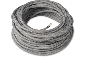 Amarcords - Câble électrique textile couleur CANVAS GRIS CLAIR, rond, lin, 1 mètre, avec mise à la terre 3x0,75 - Fil vintage en tissu coloré, pour lampes, lustres, appliques et abat-jours.