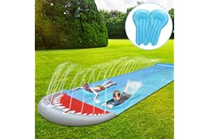 Ansobea Tapis de Glisse Toboggan Aquatique Double Piste, 550 * 145cm Slide Track avec 2 Planche de Surf, Enfants Plein air, Motif de Requin Glissez