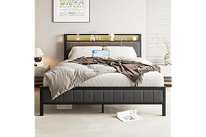 BORPHOM Rama łóżka z diodami LED, stacja ładująca, łóżko podwójne, łóżko dla gości, metalowe łóżko tapicerowane, 160 x 200 cm, rama łóżka 160 x 200 cm, z metalu, łóżko młodzieżowe ze stelażem