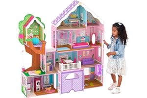 KidKraft Casa delle Bambole in Legno Treehouse Retreat con Accessori e Mobili, 4 Piani di Gioco con Cane, Luci Fatate, Ascensore e Garage, Giocattolo per Bambini 3+ Anni, 10108