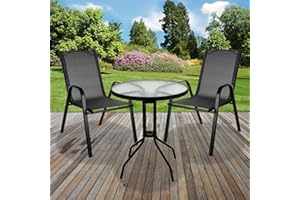 Marko Outdoor Grey Textoline Table & Chairs Set Outdoor Garden Patio Grey Furniture Glass Table Parasol Base (3PC Bistro Set)