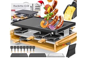 KESSER® Griglia per raclette con pietra naturale, piastra per grigliare griglia da tavolo per 8 persone, griglia elettrica per raclette con piastra antiaderente, 8 pentole e spatola di legno 1200W