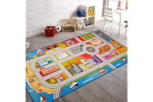 BOOOOOM JACKSON Kids Car Driving Rug Large Play Rug 150x200cm Mat Non Slip Kids Road Rug Soft Durable Blue Educational Traffic Rug for Children Boy Girls Car Rug Carpet Car Mats Kids Rug for Playroom Bedroom