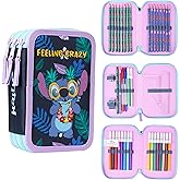 Disney Pencil Case with Stationery for Girls, School Cases, Colored Pencils, Markers (Stitch Triple Zipper)