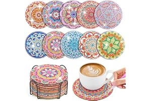 WuGU 10Pcs Diamond Painting Coasters Kit with Holder, DIY Mandala Coasters Set, Round Drink Cup Coasters, Non-Slip Diamond Craft Coasters for Adults & Kids, for Outdoor, Gardern, Home and Bar