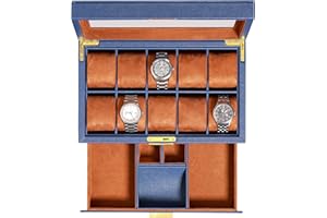 ROTHWELL Scatola porta orologi in pelle a 10 scomparti con cassetto, organizer per orologi di lusso, fodera in micro pelle scamosciata ultra morbida - Scatola Dell'orologio - Scatola Dell'orologio