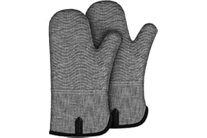 ‎BONTHEE BONTHEE Ofenhandschuhe Hitzebeständige Topfhandschuhe Extra Lang Baumwolle kochhandschuhe mit Anti-Rutsch Silikon Gestreift backhandschuhe für Kochen Backen Grillen - 2er Set - Grau