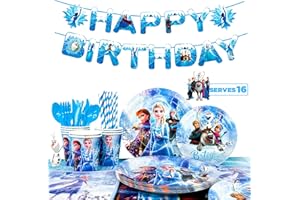 Fro-zenn Anniversaire Vaisselle Kit,144pcs Vaisselle De Fête Fro-zenn-Nappe Fro-zenn, Assiette Gobelet Serviette Bannière etc Decoration Anniversaire Reine des Neiges pour Enfants Filles