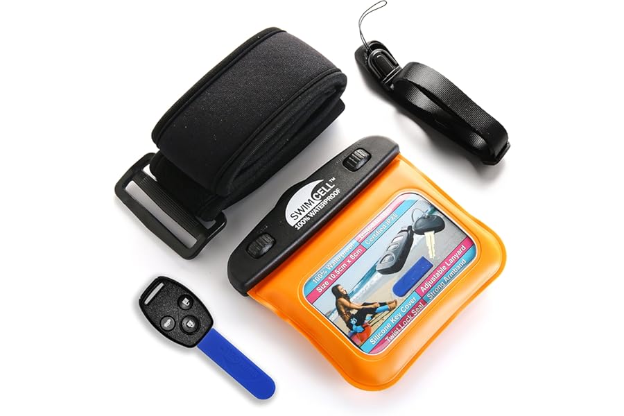 SwimCell Waterproof Key Pouch Wallet for Keys and Money. Car Key Case and Money Holder for Swimming, Surfing, Running - Neck Lanyard And Armband For Arm, Wrist or Ankle 8 x 10cm Orange