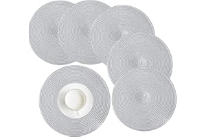 HEYOMART 6er Set Platzsets Rund Geflochtene Tischsets Abwaschbar Silber Rund Platzsets Waschbar Hitzebeständig Platzdeckchen Weihnachten für Hochzeit, Fest, Küche, Dekor - 38cm