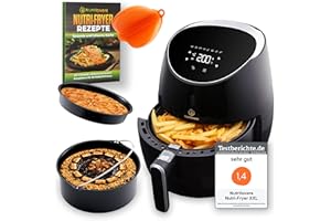 ‎NUTRILOVERS *Angebot* NUTRI-FRYER Heißluftfritteuse XXL 2000W 5 L Power Airfryer Groß - Filter Cool Touch, Digital Touchscreen Timer I Pommes Fritteuse ohne Fett & Öl I Pizzablech + Barrel + Rezeptbuch (Schwarz)