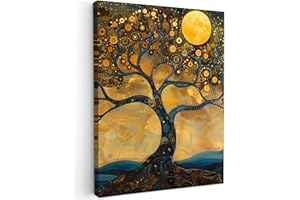 MuchoWow© Canvas Wall Art 24"x31" / 60x80 cm Decor Paintings Prints framed on Canvas Decorations Wallart Tree - Moon - Flowers - Gold - Art