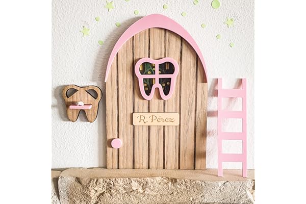 7GANSOS NUEVA PUERTA DEL RATONCITO PEREZ ROSA de madera, con repisa en forma de ratón para dejar el diente y estrellas que se iluminan en la oscuridad. NO SE ABRE