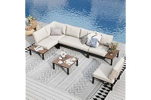PHI VILLA Garden Furniture Metal Corner Sofa 6 Seaters, U shaped Outdoor Conversation Sofa Couch Set, 6 Pieces Patio Sectional Furniture Sets with Thickened Cushions, Beige