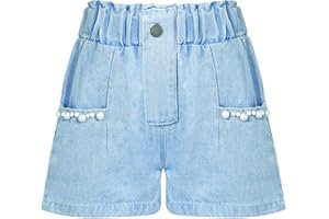 SEAUR Pantaloncini in jeans da ragazza, larghi, elasticizzati, in vita estiva, per bambini, traspiranti, per il tempo libero, corti in jeans, graziosi pantaloni casual, Pantaloncini con perle