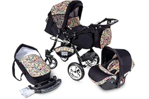 GaGaDumi Urbano 3 in 1 Kombikinderwagen Kinderwagen mit Autositz Komplettset incl Babyschale Buggy Wickeltasche Regenschutz Moskitonetz Voll-Gummireifen Schwarz/Tropical Pastellblätter