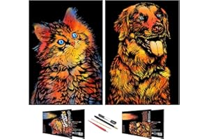 SiYear Scratch Painting Art Paper, Scratchboard Serie di Animali per Bambini e Adulti, Kit per Regali e Arti con 4 Strumenti, Dimensioni: 16''x11'' (Cat&Dog)