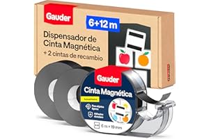 GAUDER Cinta Magnética con Dispensador - Tira Magnética Autoadhesiva para Objetos Ligeros - Cinta Imantada para Postales y Fotos sobre Superficies Metálicas (6 m x 19 mm + 2 Rollos de Recambio)