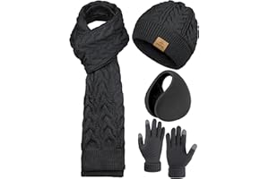URATOT 4 Pack Winter Strick Set Dicke Strickmütze Hut Schal Handschuhe Ohrwärmer für Männer oder Frauen