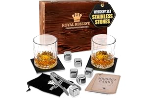 Whisky Geschenkset – Whiskey Gläser, Steine, Eiszange, Untersetzer, Holzkiste, Samtbeutel, Geschichts- und Rezeptkarten – Zubehör Set, Geschenk für Männer, Ehemann, Freund, von Royal Reserve