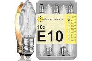 Schuerzenfabrik 10x lampadina a lume di candela conica E10 12V 3W per lampadina di ricambio per illuminazione natalizia per catena luminosa gialla