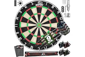 RE:SPORT® Sisal Premium Dartscheibe XXL Set mit 9 Profi Dartpfeile + 24 Pro Flights + Zubehör | Steeldart Dartboard inkl. Montageset | Steeldartscheibe mit Pfeilen Metallspitze Startlinie