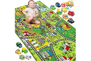 JOYIN City Playmat Rug Toy for Kids Age 3 4 5 6 7 8+ with 12 Pull-Back Cars,Jumbo Room Carpet Gift Set - Pretend and Play Vehicle Toy,Interactive Floor Mat Craft Activity