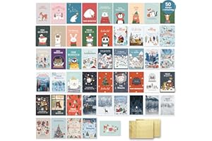 HYGGARTN Weihnachtskarten Set 50 - Premium Weihnachtskarten mit Umschlag Set – Kleine Weihnachtskarten Klappkarten A6 – Karten Weihnachten Grußkarten mit hellen und lustigen Designs für Kinder Familie Freunde