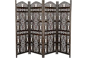 Topfurnishing 4 Panel Room Divider Free Standing Mango Wood Hand Carved Folding Screen Partition Privacy Screen Decorative Headboard (Bells Design, Walnut, 200 x 180 cm)