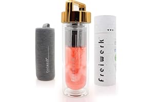 freiwerk® té termo botella fabricante colador infusor vidrio doble pared libre de BPA tela de neopreno tapa gris oro metálico 400ml